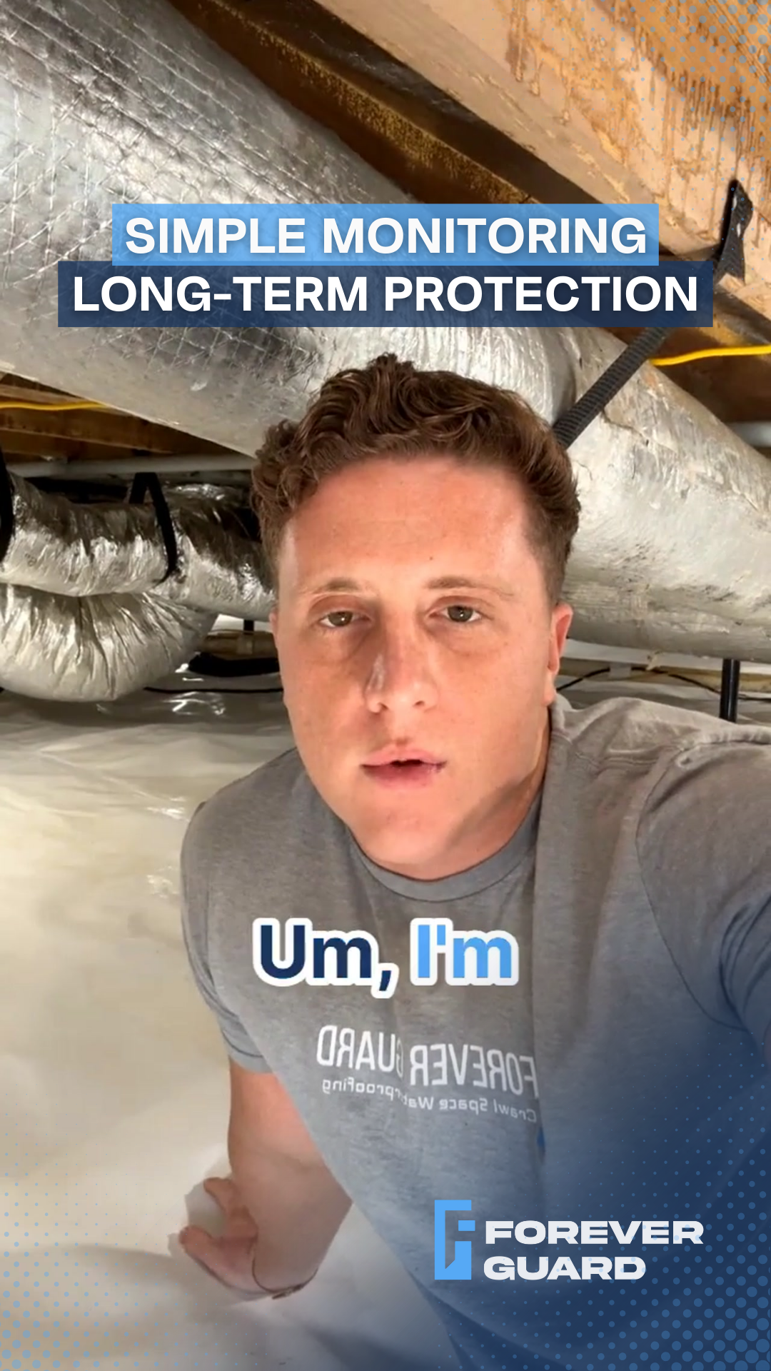 Man in crawl space; text reads