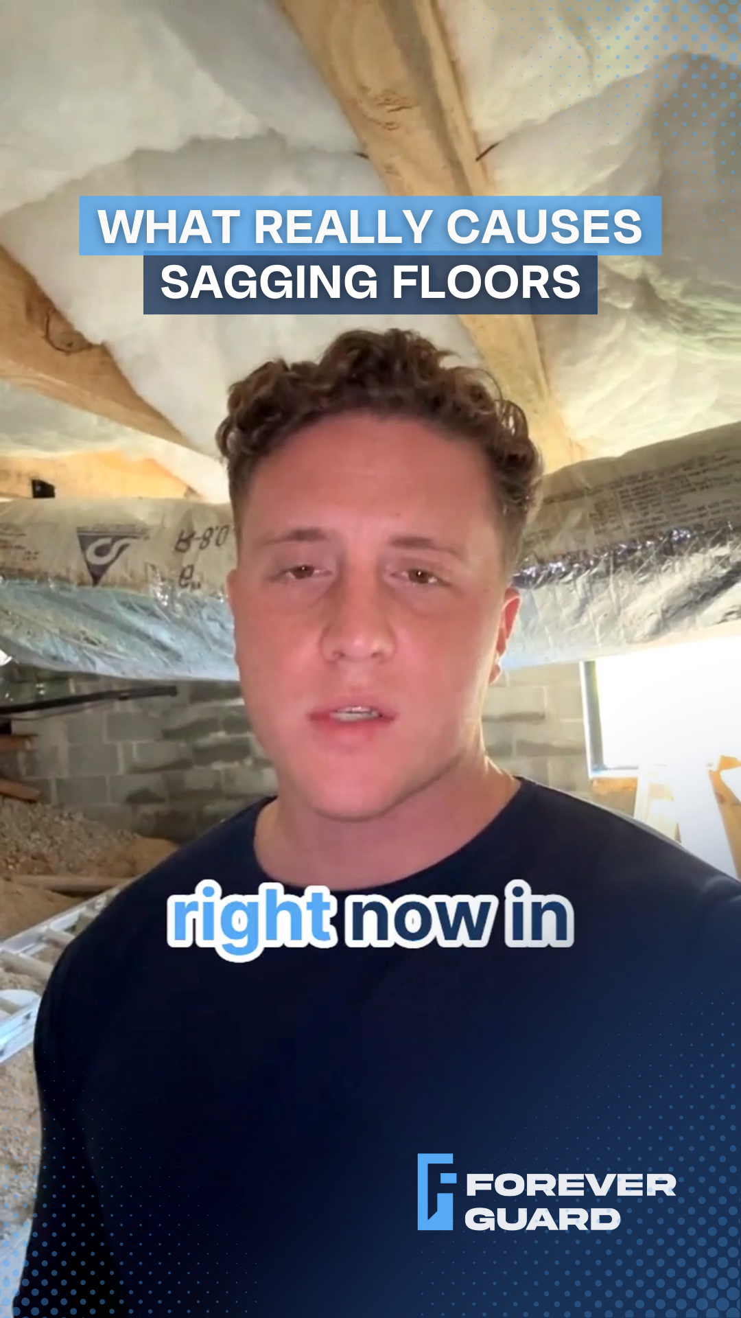 Man in basement explains causes of sagging floors. Text overlays say 