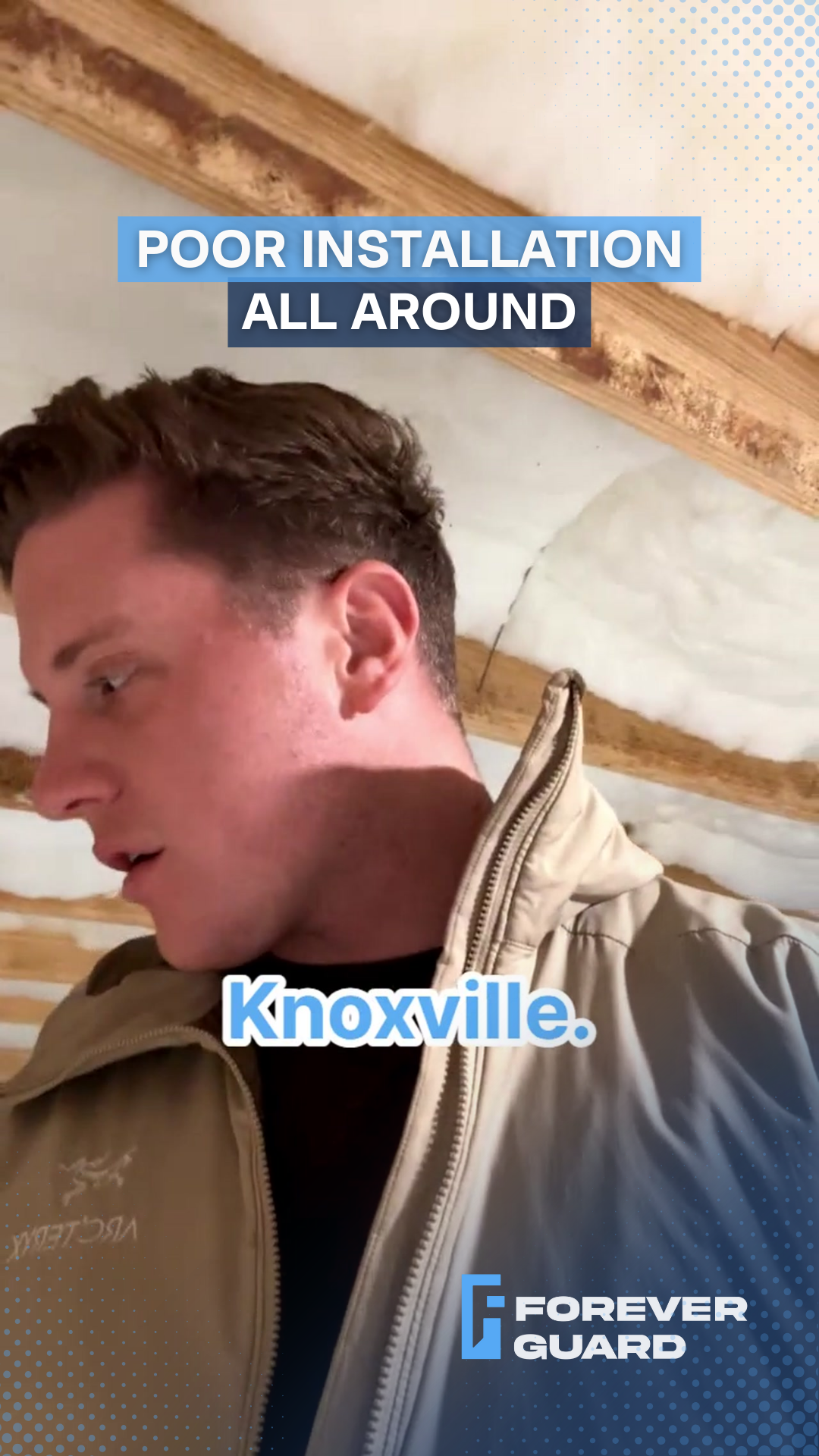 Man in a jacket inspecting an attic with visible poor insulation. Text: