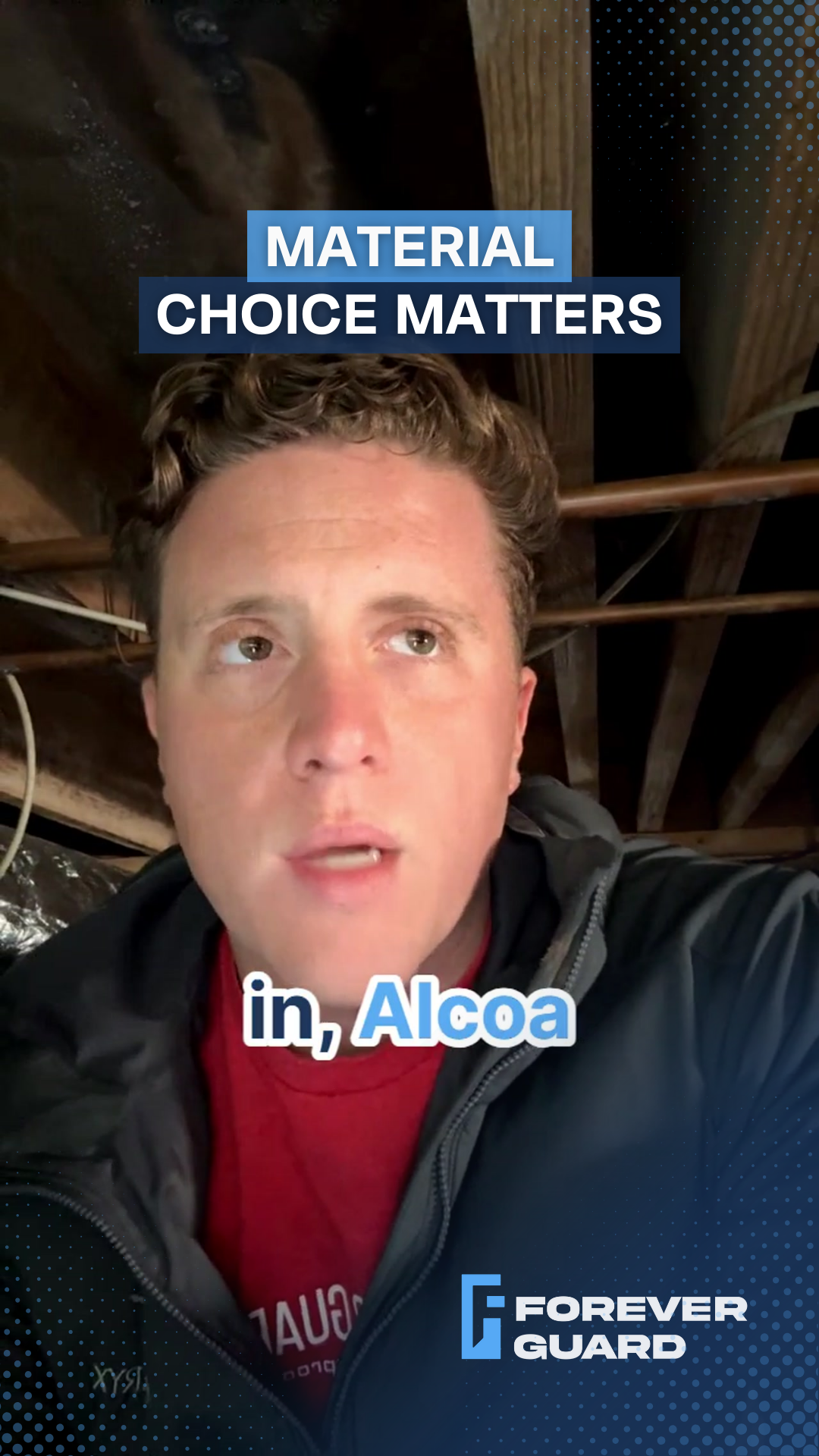 Man in red shirt talking, text overlay 