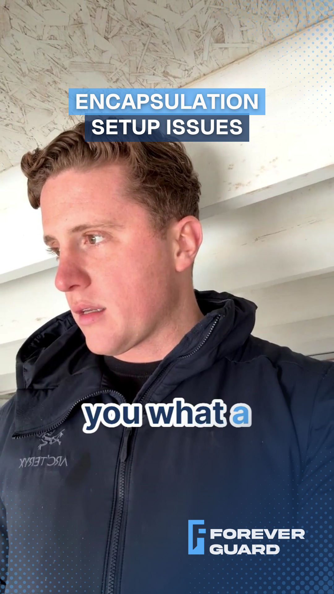 Man in dark jacket looking perplexed, text 