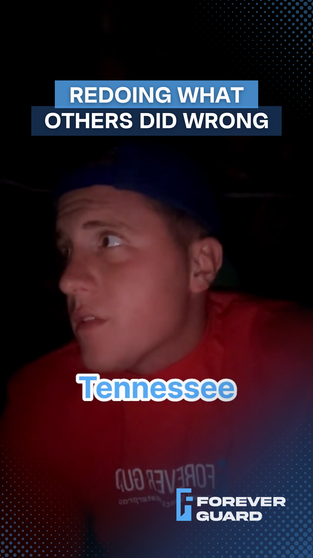 Person in a red shirt and blue hat, looks concerned,