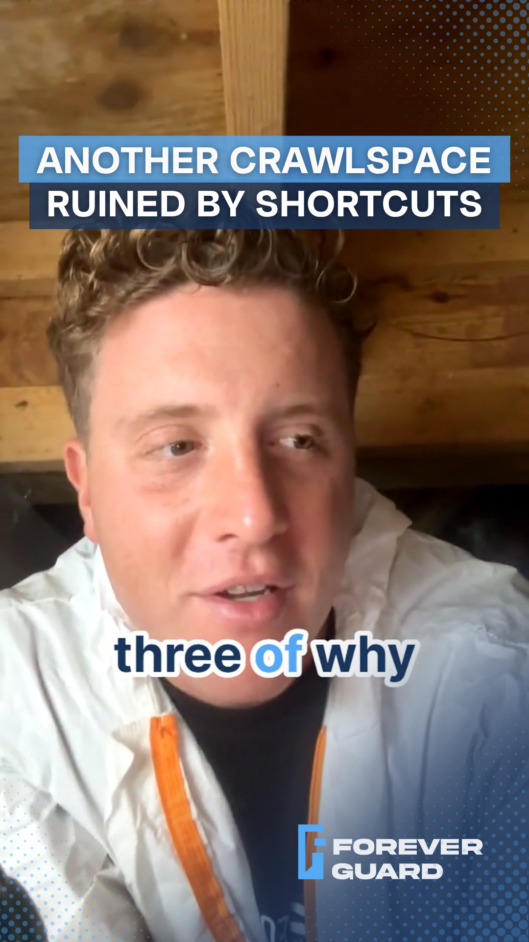 Man in a crawlspace discusses shortcuts. Text: 