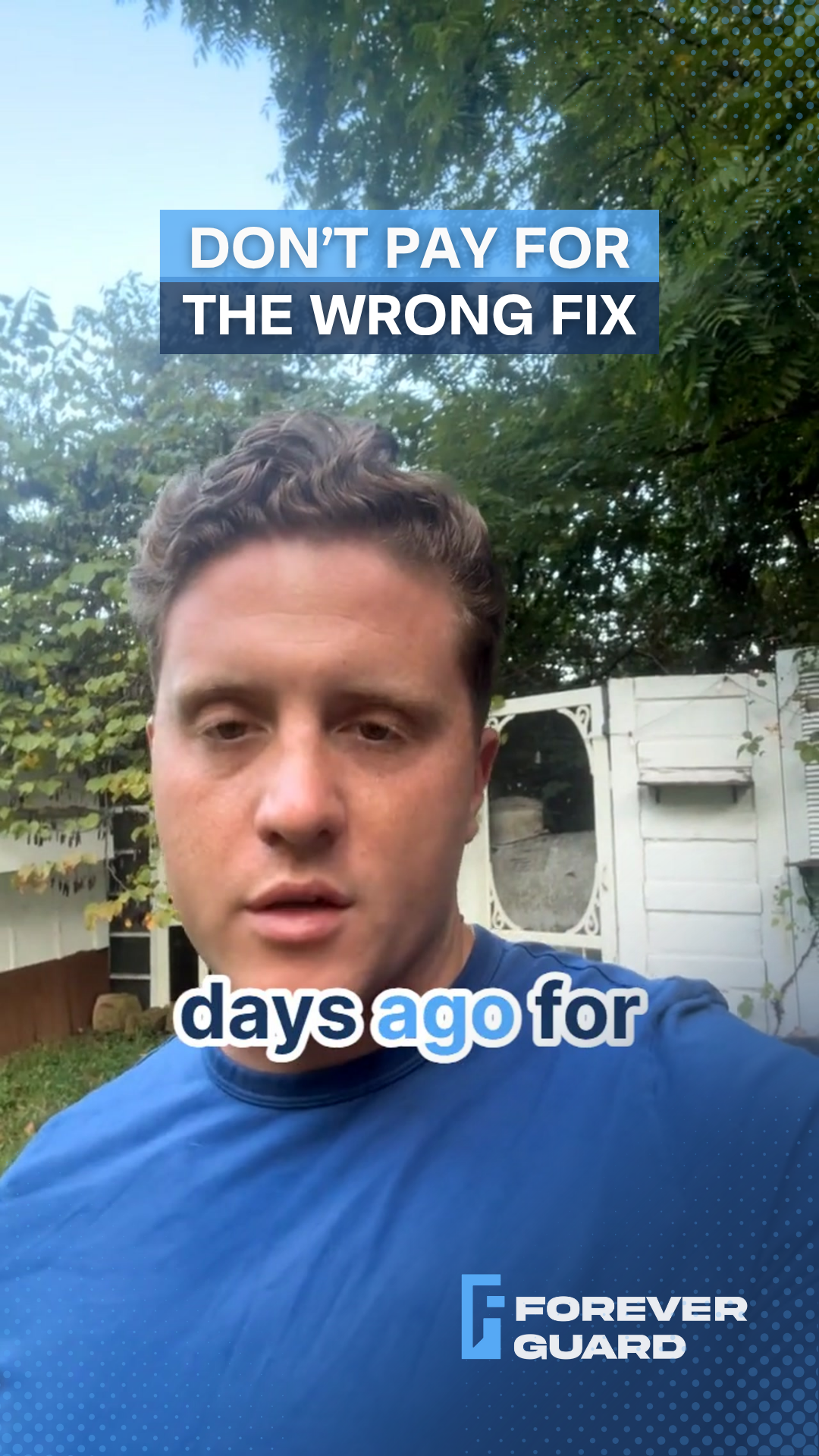 Man in blue shirt, outdoor setting, text overlay: 