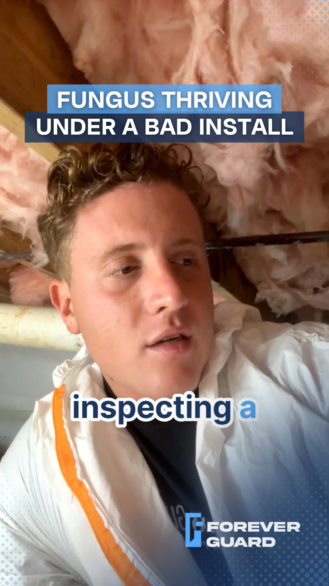 Man in protective suit inspecting attic insulation with text about fungus and bad install.
