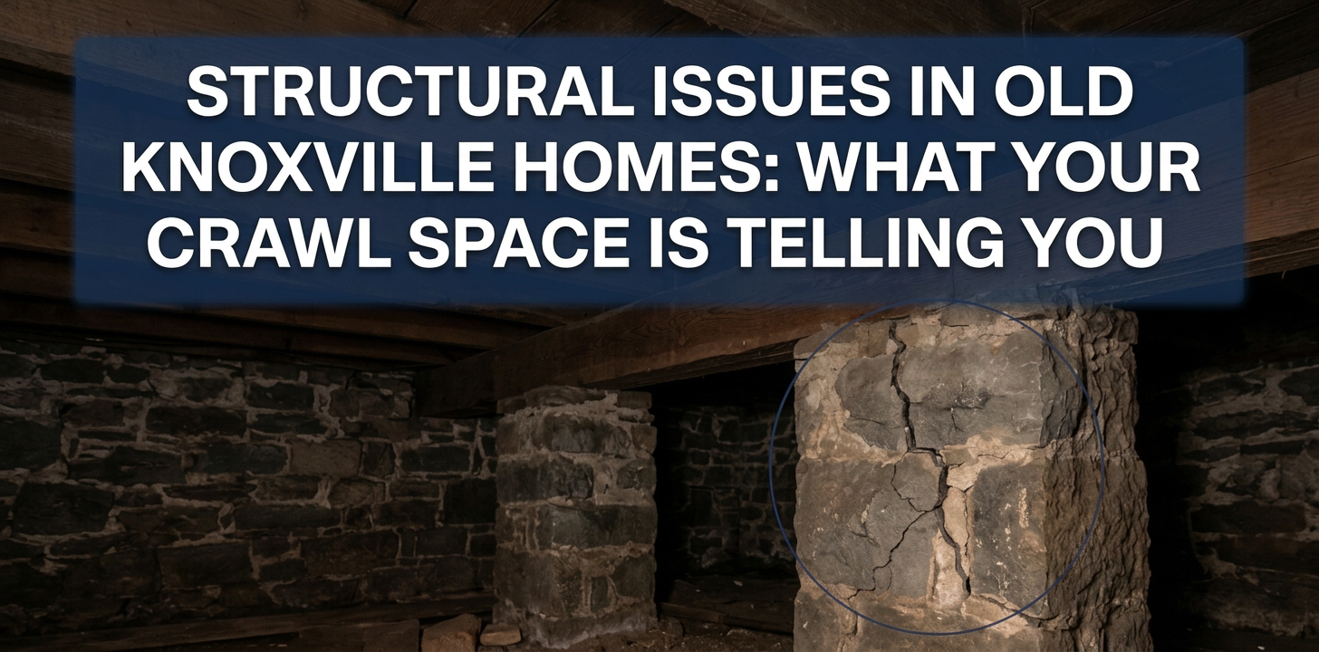 Crawl space of an old home in Knoxville, Tennessee, with structural issues. Text overlay: