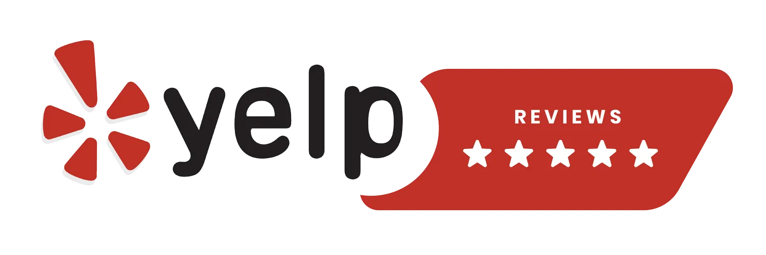 Yelp logo with a red burst, black text, and a red banner showing 5 white stars.
