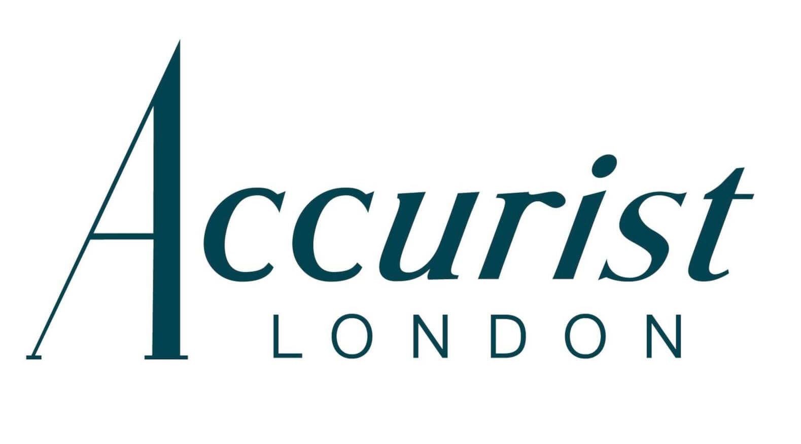 The logo for accurist london is blue and white on a white background.