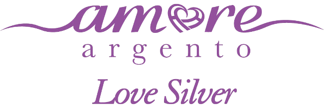 The logo for amore argento love silver is purple and white.