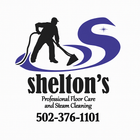 Logo for Shelton's cleaning services, featuring a silhouetted person steam cleaning and a large "S" over text with a phone number.