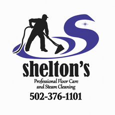Logo for Shelton's cleaning services, featuring a silhouetted person steam cleaning and a large "S" over text with a phone number.