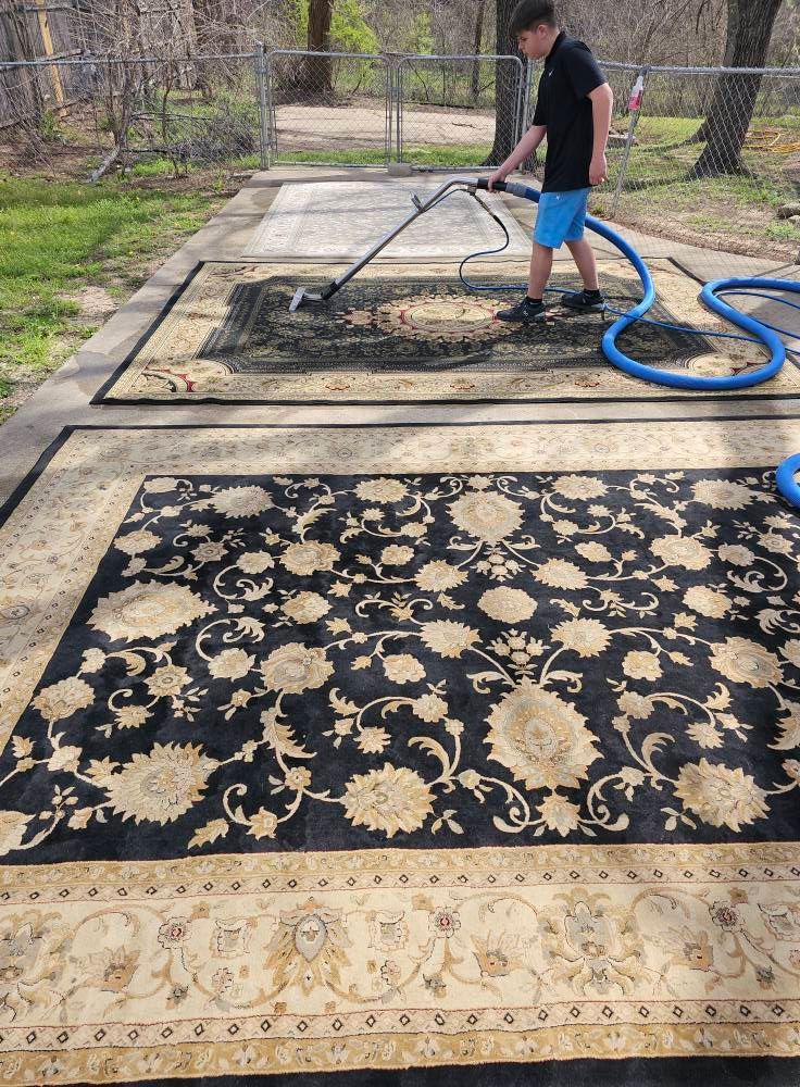 Person cleaning large black and beige patterned rug outdoors with a hose and vacuum.