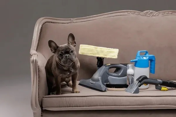 French bulldog sits on a sofa next to cleaning supplies: a handheld cleaner, bottles, and attachments.