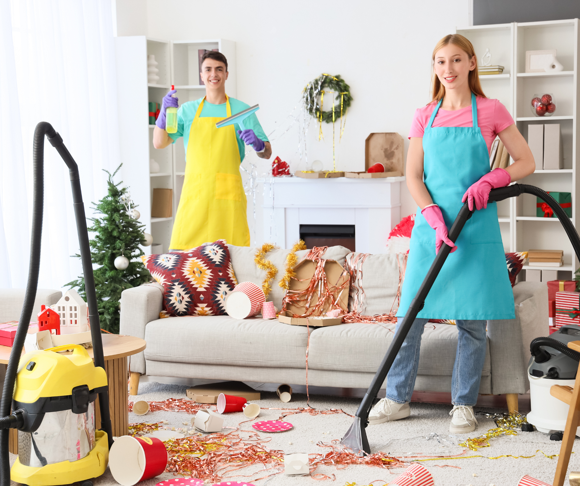 People cleaning up a messy living room after a celebration, using vacuum cleaners and wearing aprons.