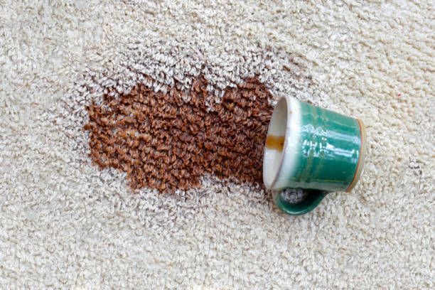 Spilled brown liquid from a green cup on a beige carpet.