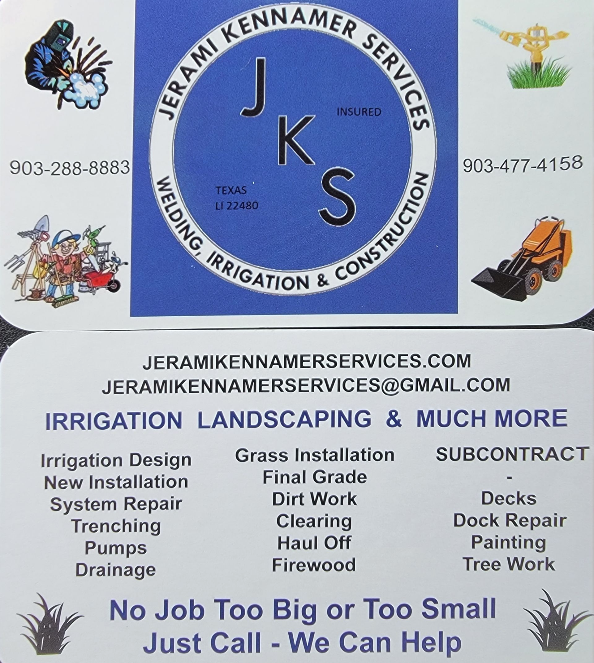 Business card for Jerami Kennamer Services offering welding, irrigation, and construction.