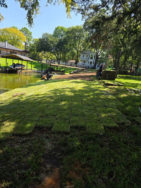 Lush green yard by a lake with a dock, a building in the background. Sunny day.