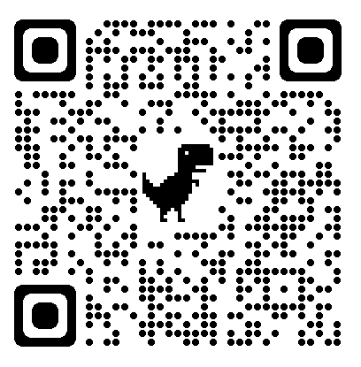 QR code with a pixelated dinosaur in the center.