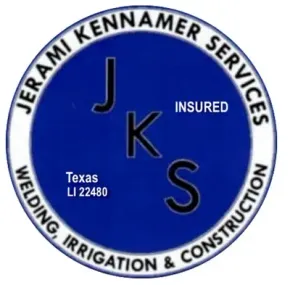 Round logo for Jerami Kennamer Services, blue and white, with initials.