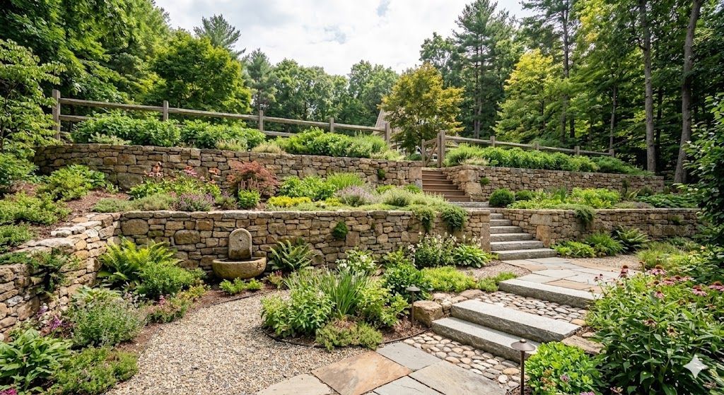 A tiered garden with stone retaining walls, gravel paths, and stone steps leading up toward a forest.