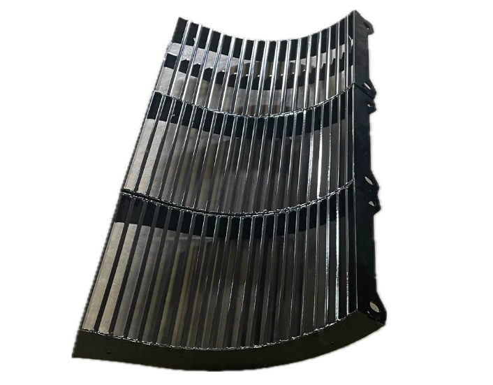 Curved metal grate with parallel bars and black support beams.