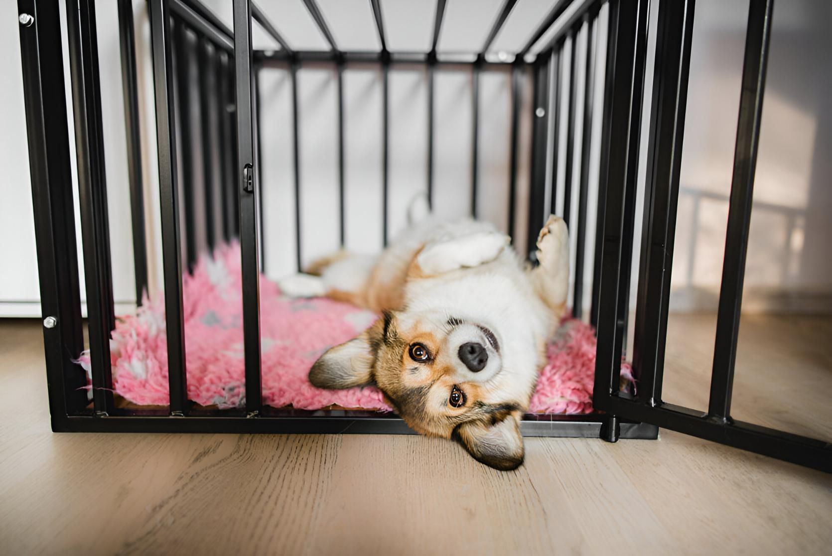 A Dog is Laying on Its Back in a Cage — Eclipse Fabrication in Tablelands, QLD