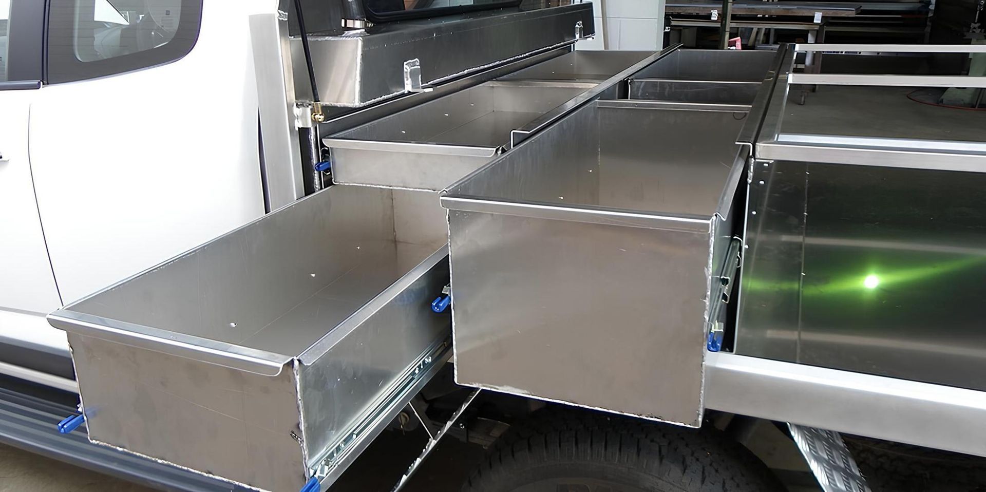 A White Truck With Stainless Steel Drawers on the Side — Eclipse Fabrication in Atherton, QLD