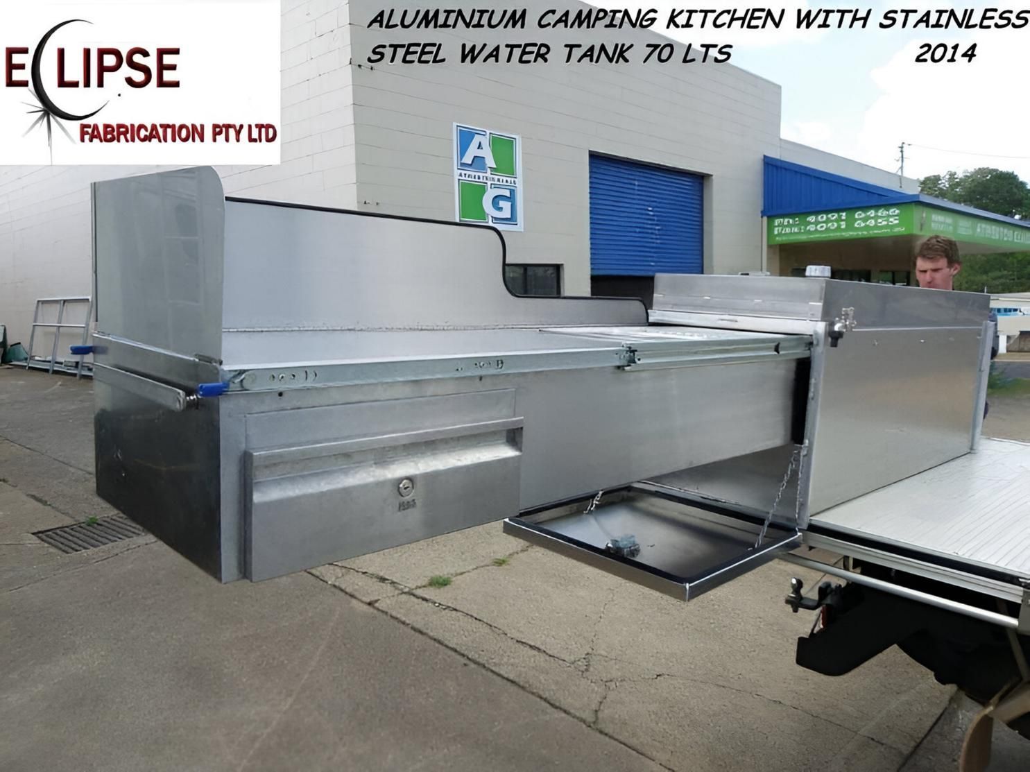 An Aluminum Camping Kitchen With Stainless Steel Water Tank 70 Lts — Eclipse Fabrication in Tablelands, QLD