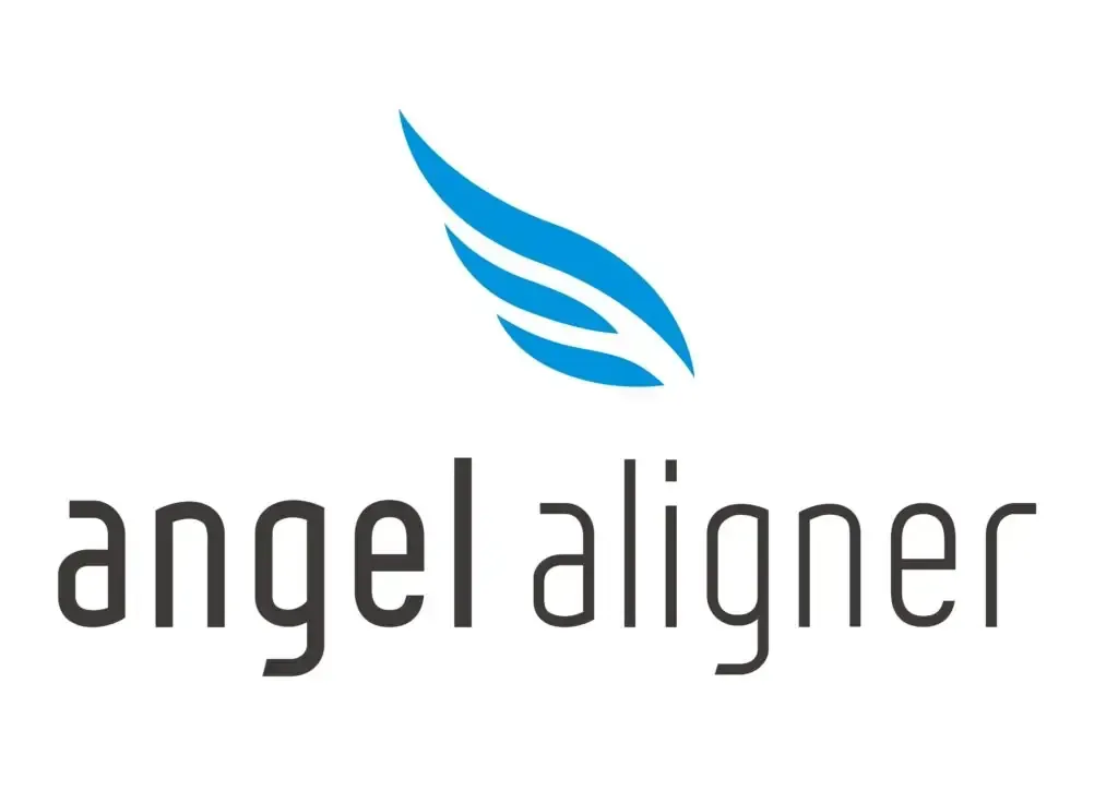 A logo for angel aligner with a blue wing