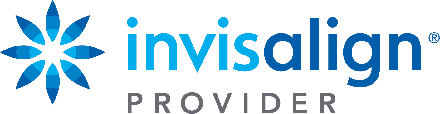 A blue and white logo for invisalign provider