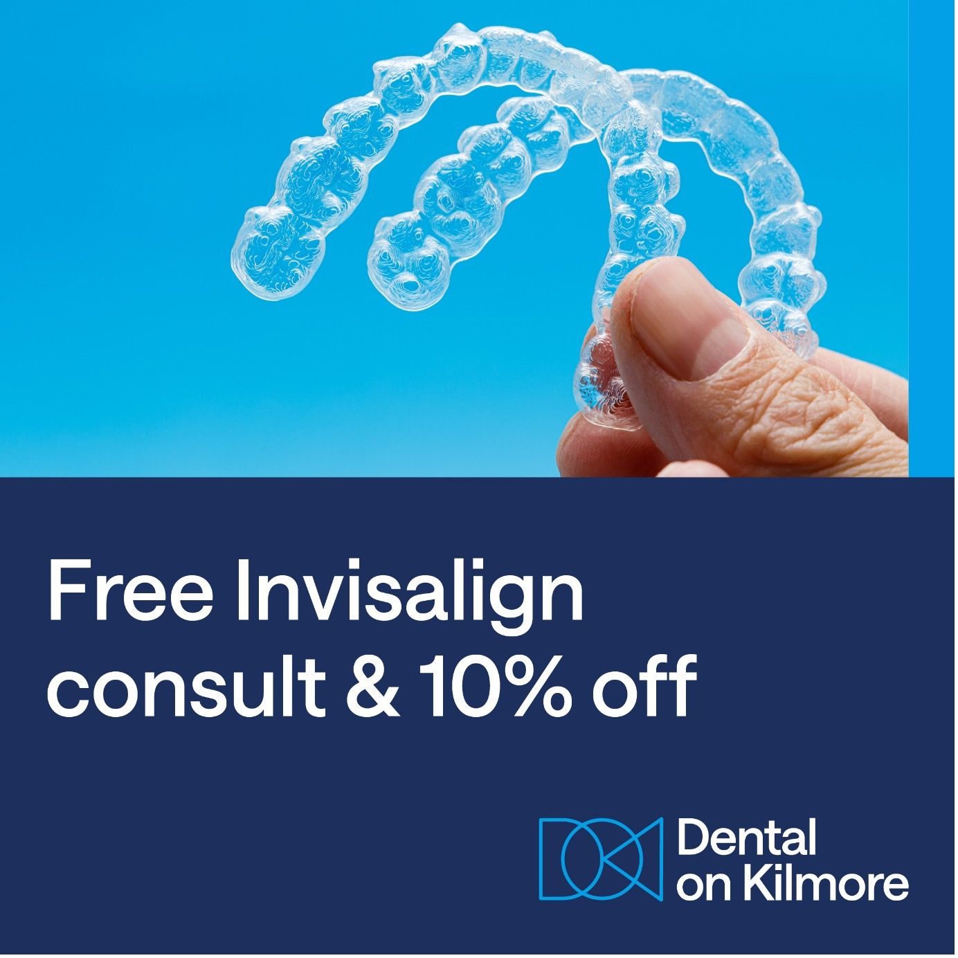 An advertisement for dental on kilmore offering a free invisalign consult