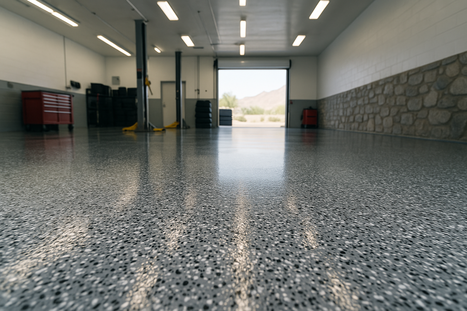 A garage with a flakes style epoxy floor and a garage door open.