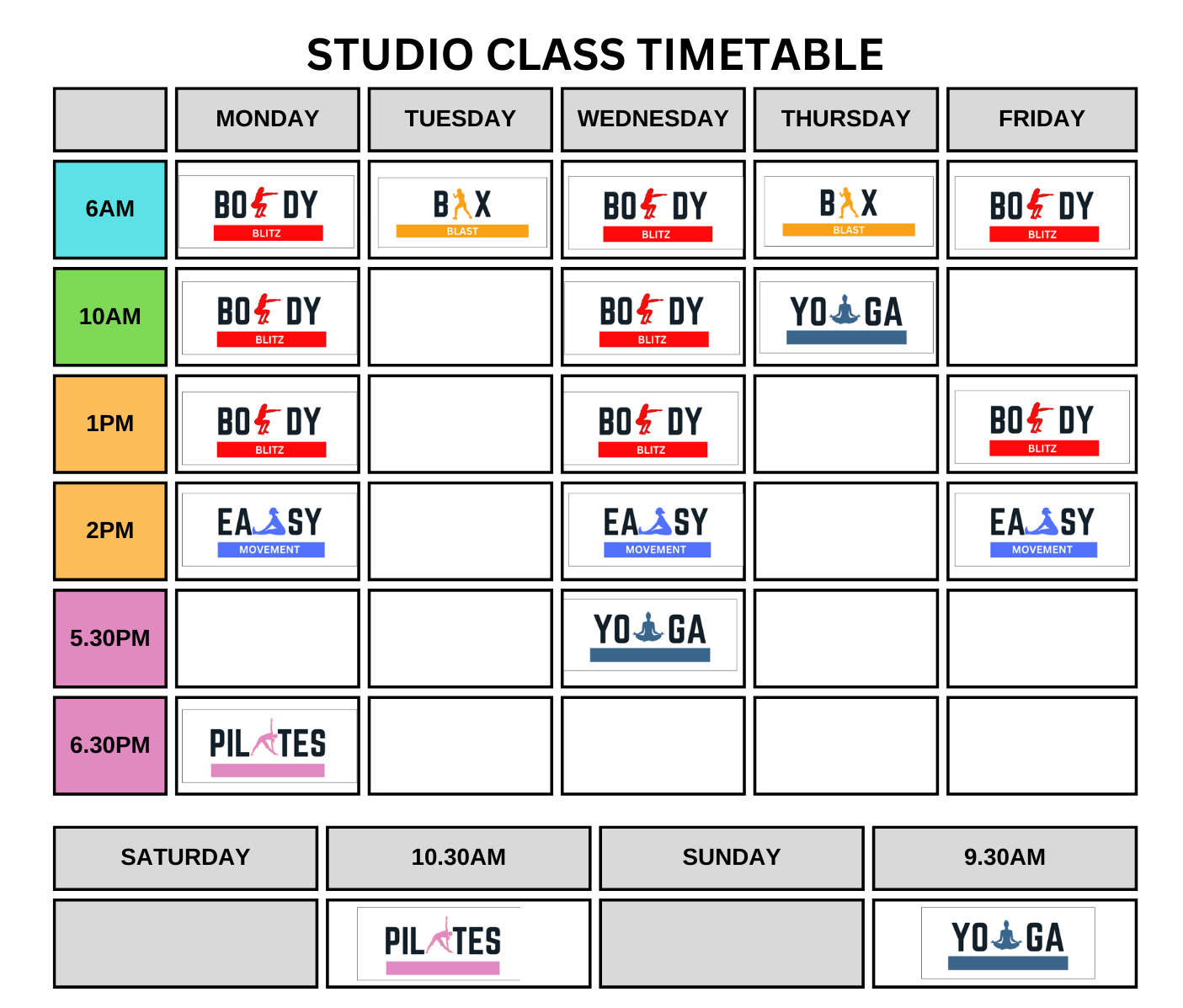 Outdoor group training timetable