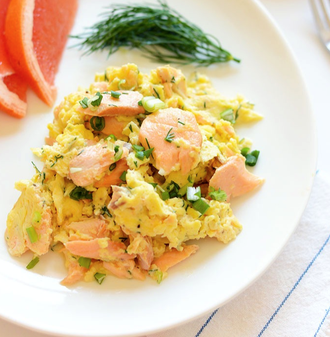 Dill Salmon and Egg Scramble on plate ready to eat