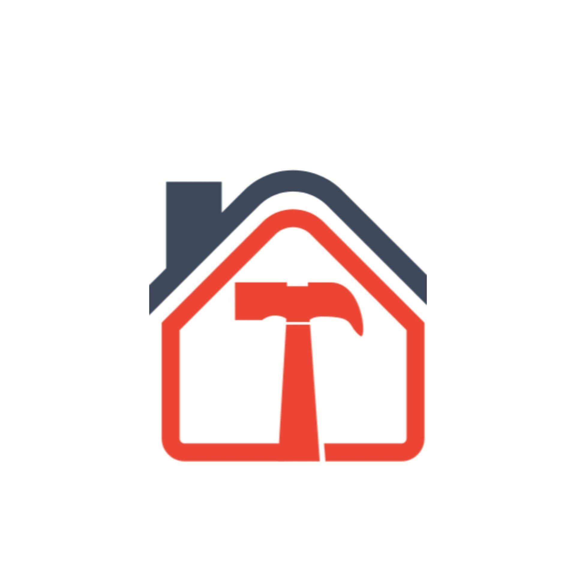 Red house outline with a hammer inside; blue roof.