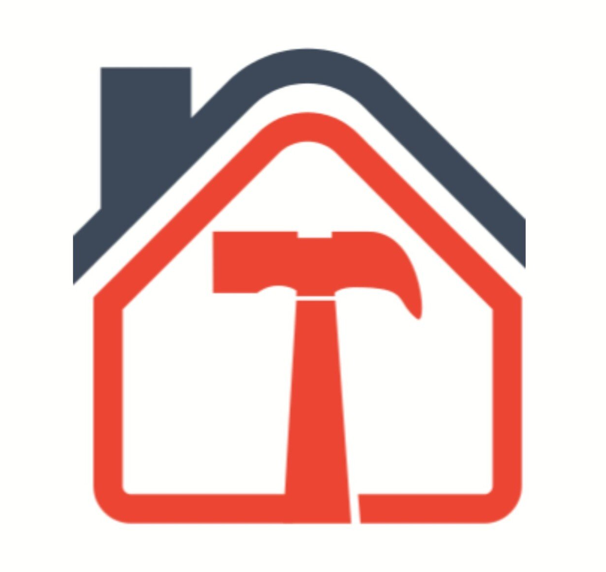 Red hammer inside a red house frame, all within a dark blue house shape.