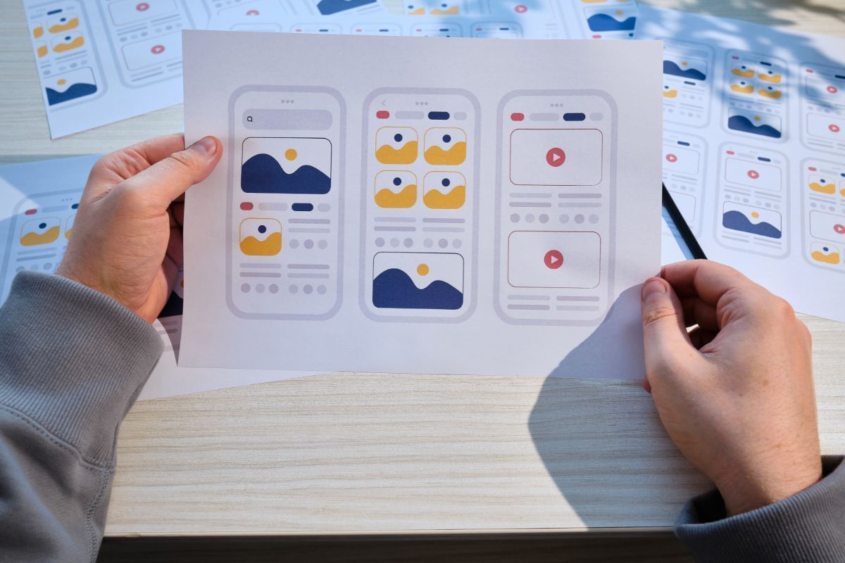 In Athens, GA, a designer is holding a paper with mobile app interface mockups, evaluating the user experience (UX) and user interface (UI) designs. The mockups feature a variety of graphic elements in yellow and blue, with image placeholders and iconography indicative of app functionality. The designer's hands, one with a pencil, suggest an active review or potential annotation process. The papers are spread on a wooden surface, with additional design versions visible in the background, reflecting a thorough design process.