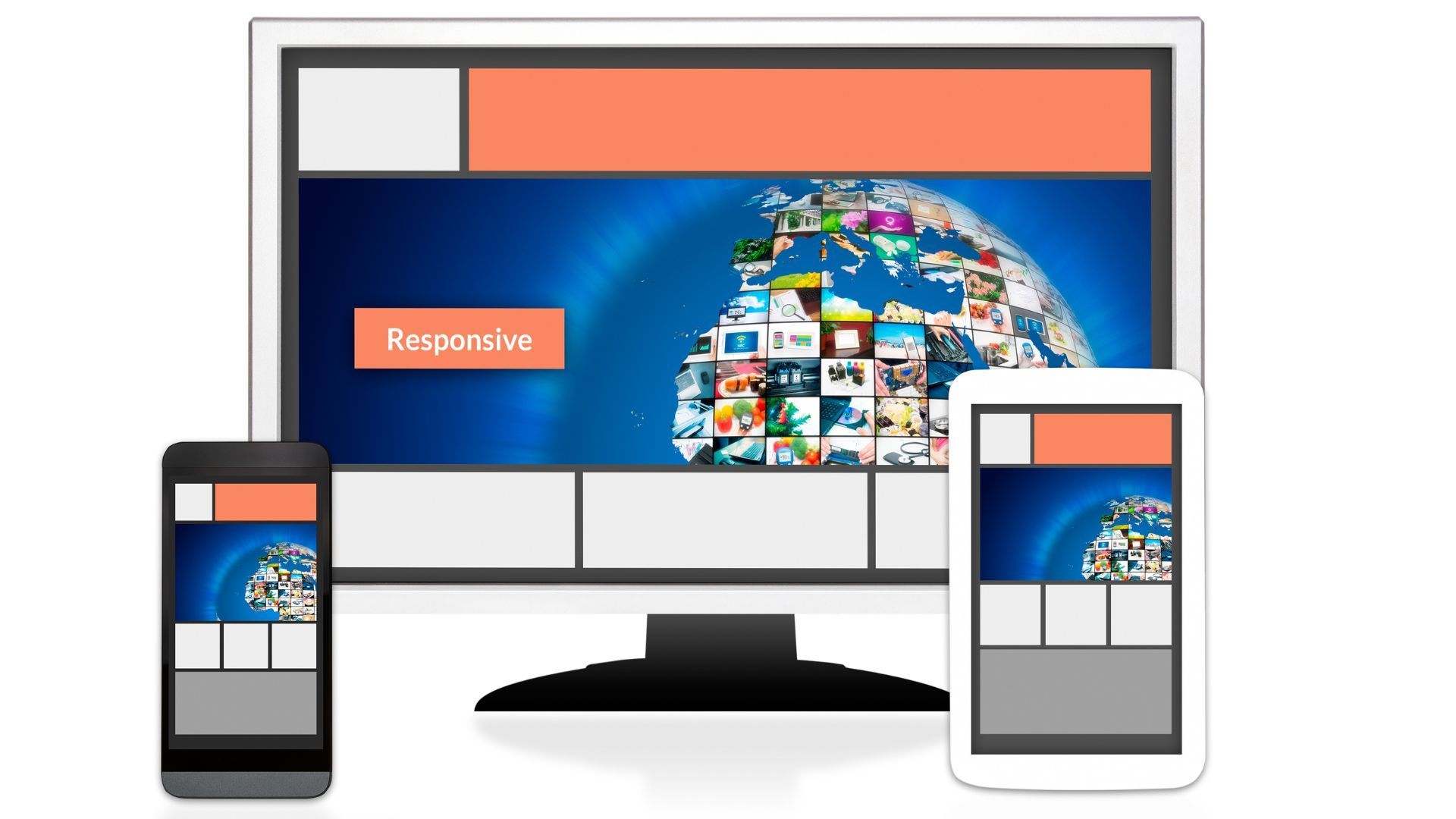 Graphic representation of responsive web design across different devices, including a desktop monitor, a tablet, and a smartphone, all showcasing a cohesive website layout that adapts to various screen sizes. The displayed content features a globe composed of various images, symbolizing the worldwide connectivity of the web, and a label prominently stating 'Responsive.' This illustrates a web designer's skill in creating versatile, user-friendly website interfaces in Athens, Georgia, highlighting their expertise in modern web development standards.