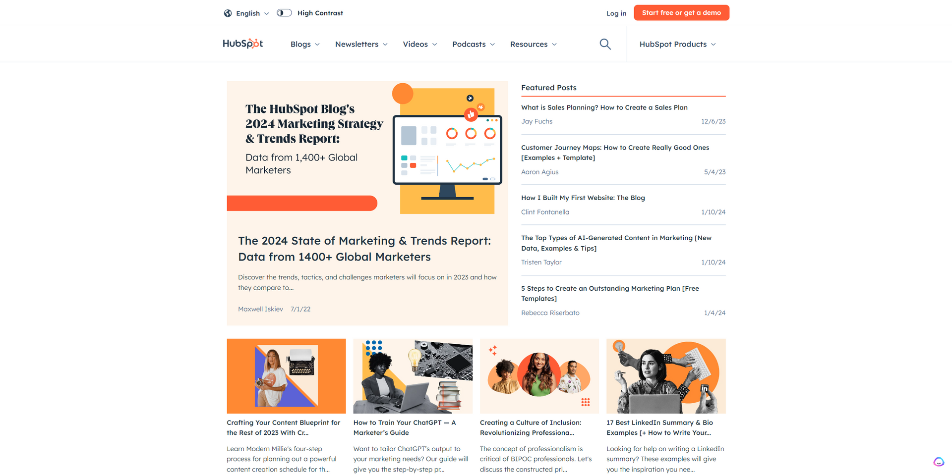 A screenshot photo of HubSpot's blog page on their website.