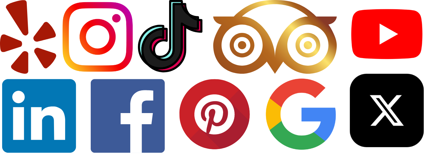 a photo of various business logos including, yelp, Instagram, tik-tok, trip advisor, youtube, LinkedIn, facebook, Pinterest, Google, and Twitter or 