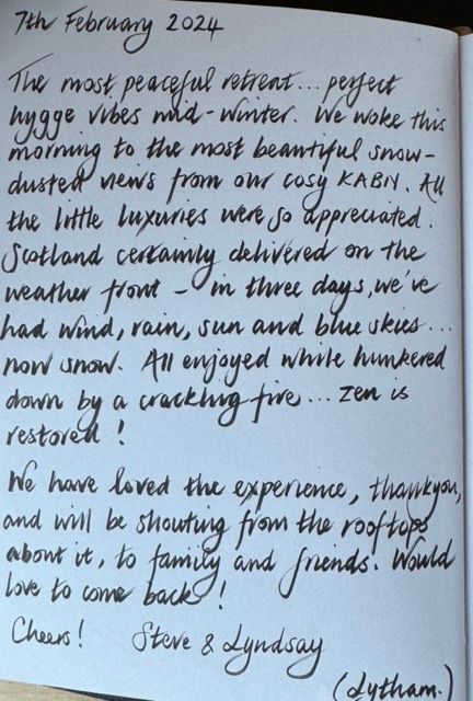 a hand written review of Kabn best place to stay Scotland