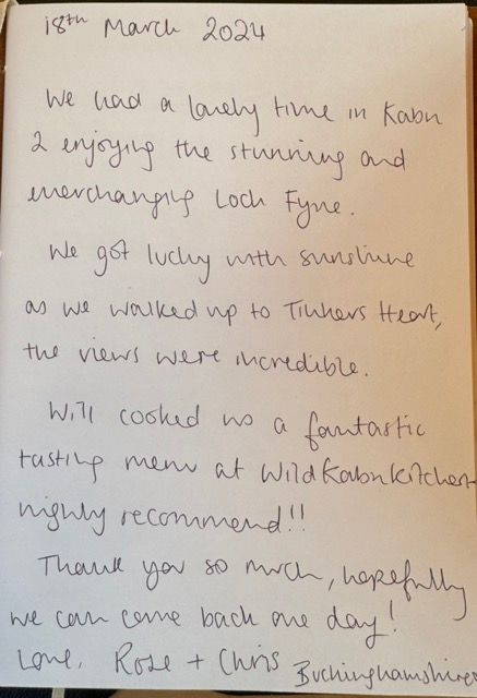 a hand written review of Kabn best place to stay Scotland