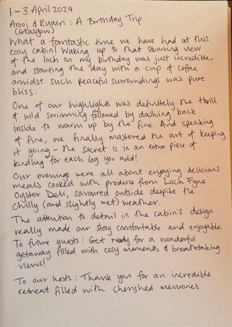 a hand written review of Kabn best place to stay Scotland