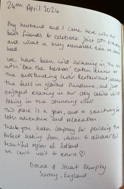 a hand written review of Kabn best place to stay Scotland