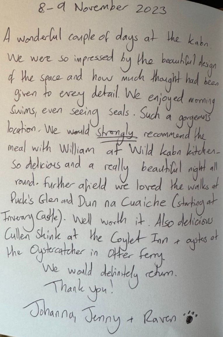 a hand written review of Kabn best place to stay Scotland