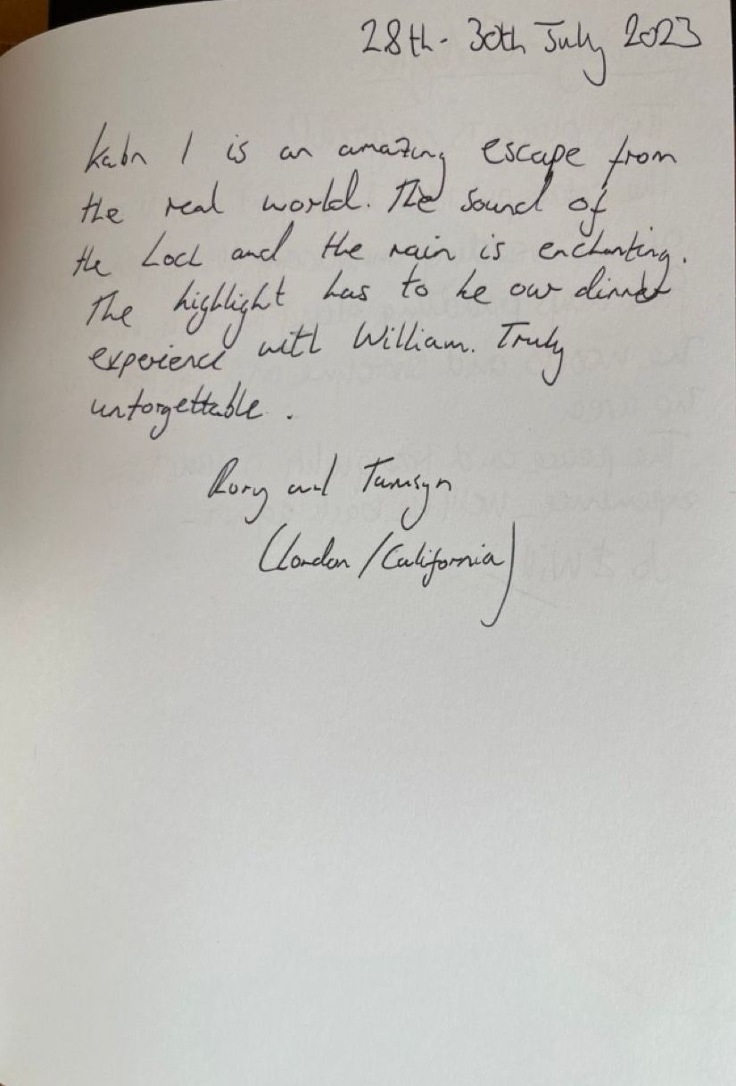 a hand written review of Kabn best place to stay Scotland