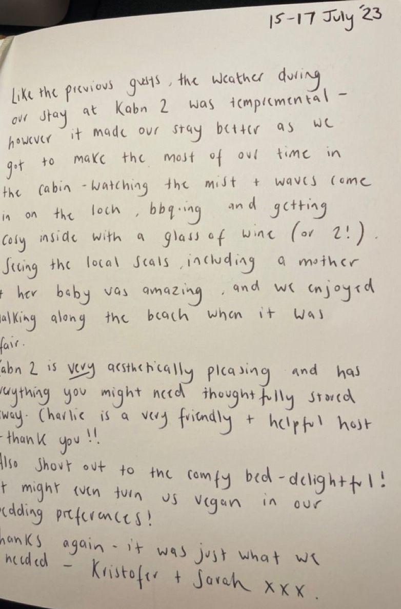 a hand written review of Kabn best place to stay Scotland