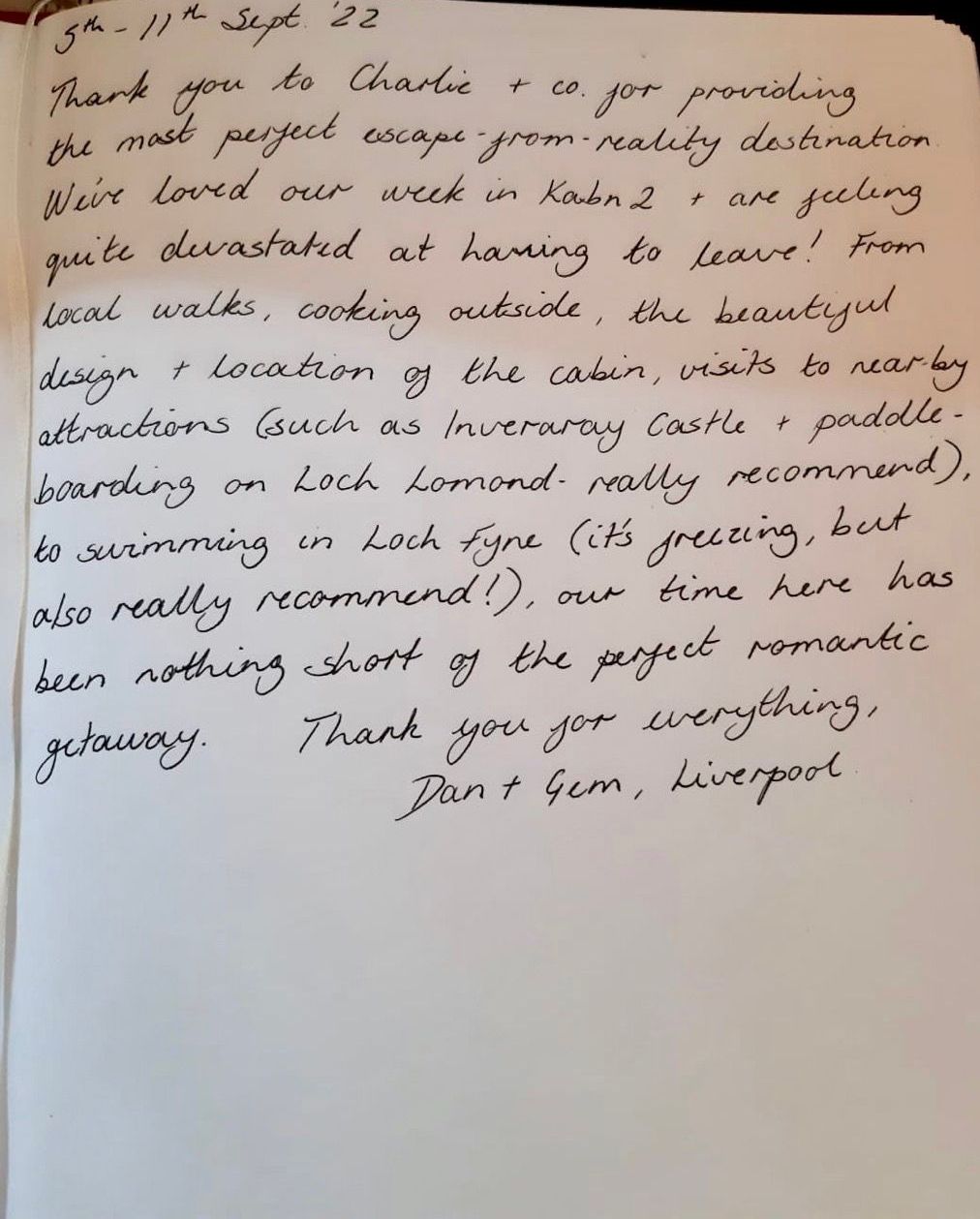 a hand written review of Kabn best place to stay Scotland