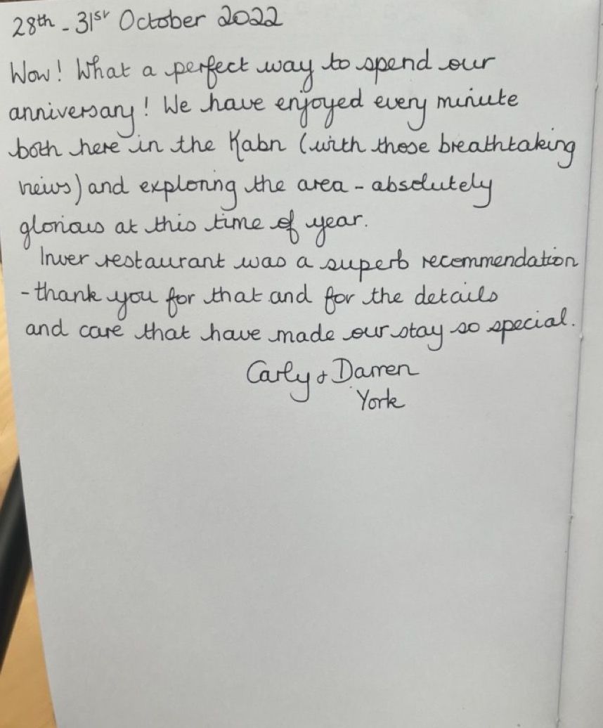 a hand written review of Kabn best place to stay Scotland
