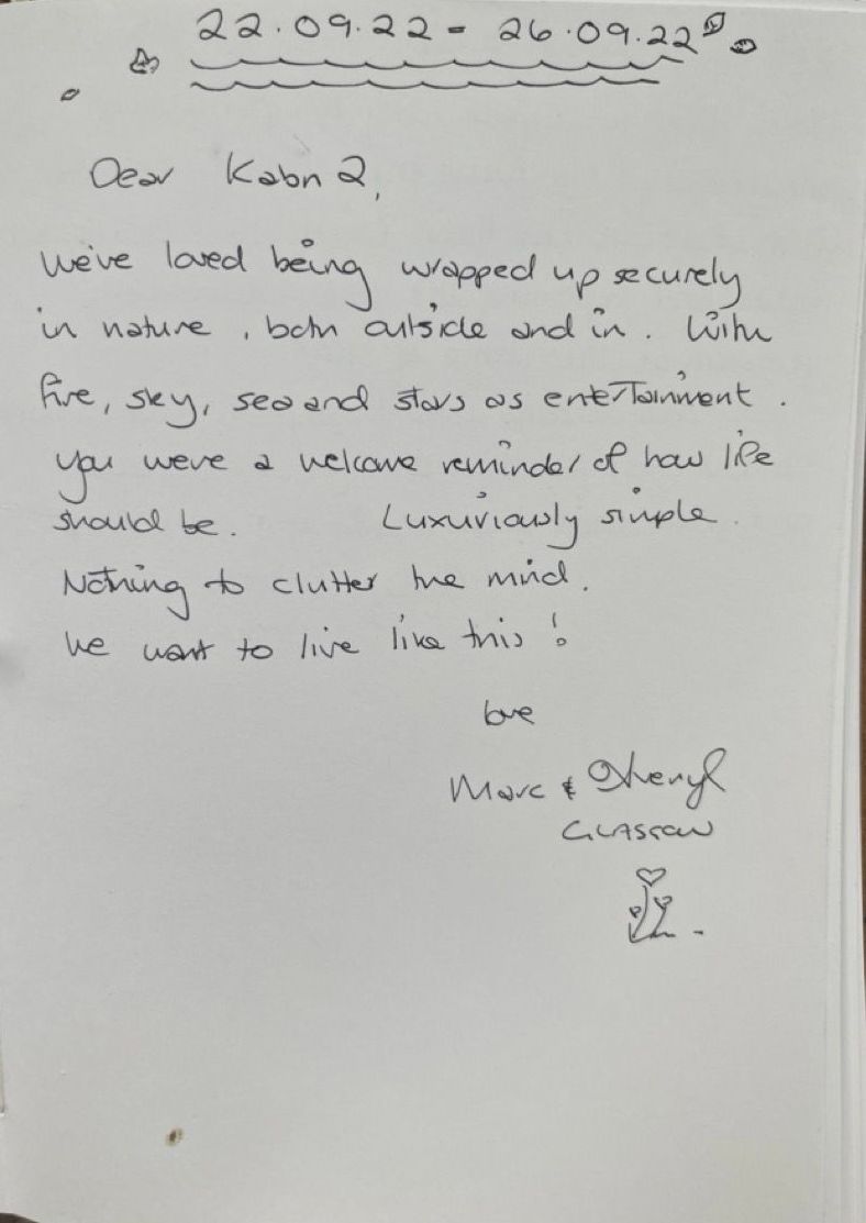 a hand written review of Kabn best place to stay Scotland